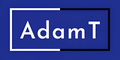 A digital graphic featuring the text 'AdamT' in white sans-serif font, centered within a rectangular frame that is split vertically down the middle, with a white border on the left and a black border on the right, all set against a solid dark blue background.
