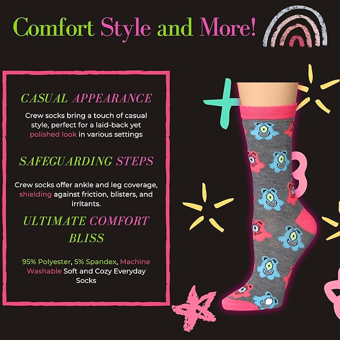 Tipi Toe Women's 12 Pairs Lightweight Colorful Patterned Crew Socks