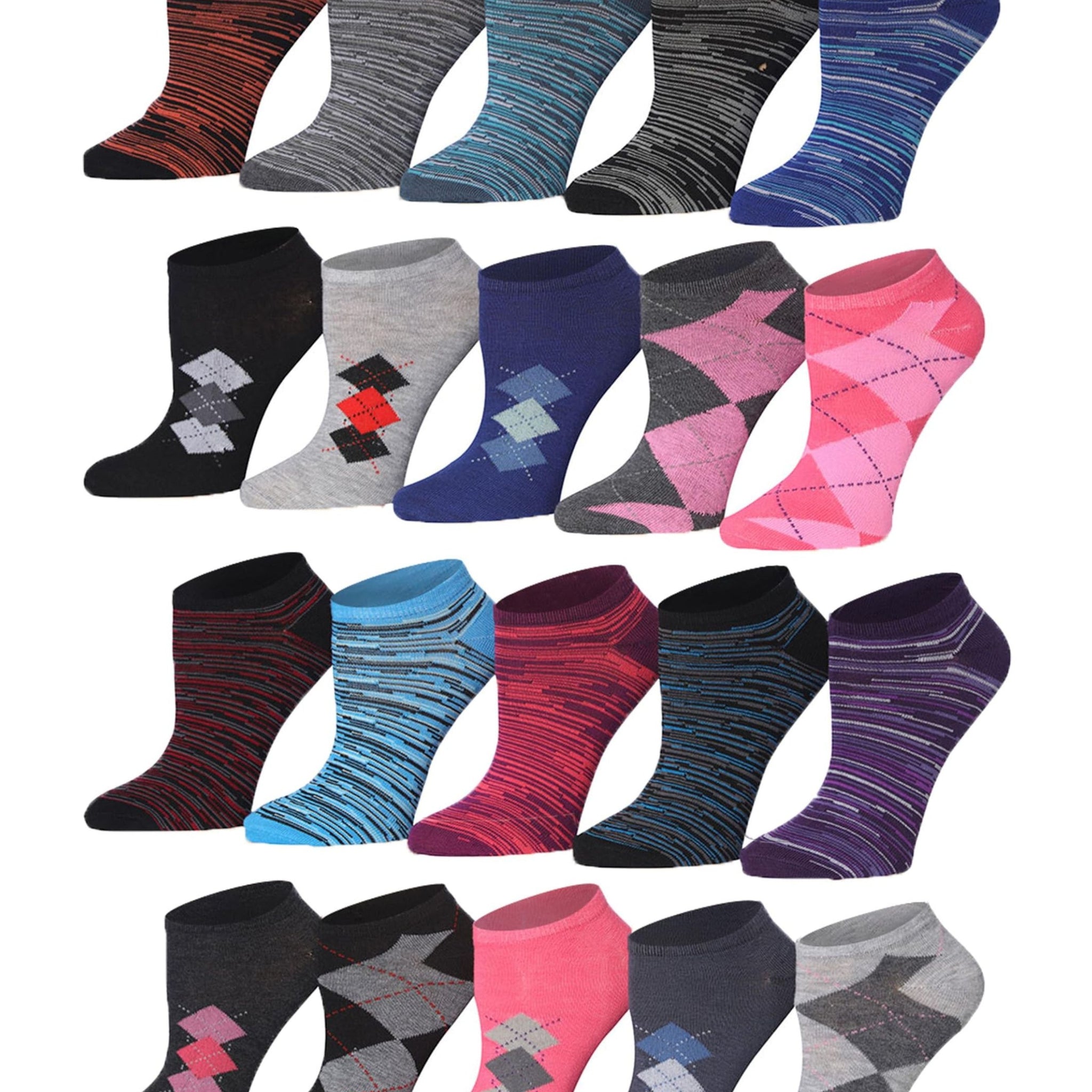 Tipi Toe Women's 20 Pairs Colorful Patterned Argyle Ankle Socks