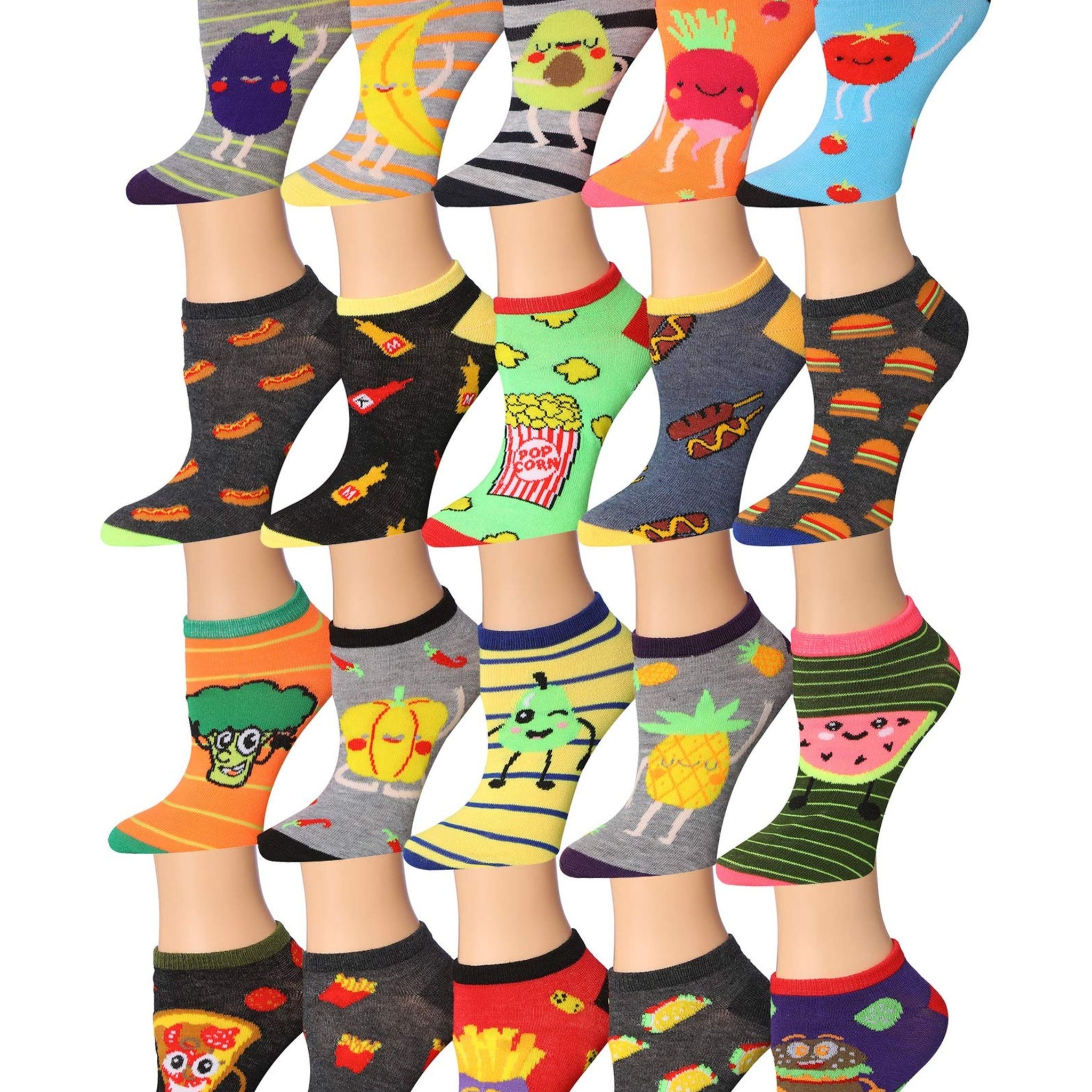 Tipi Toe Women's 20 Pairs Colorful Patterned Fast Food Veggies Socks