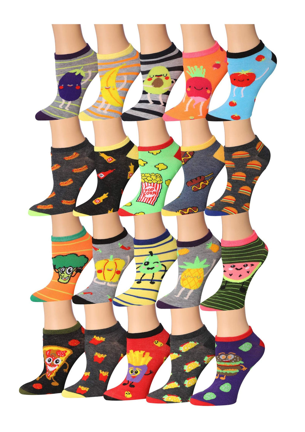 Tipi Toe Women's 20 Pairs Colorful Patterned Fast Food Veggies Socks