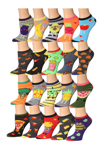 Tipi Toe Women's 20 Pairs Colorful Patterned Fast Food Veggies Socks