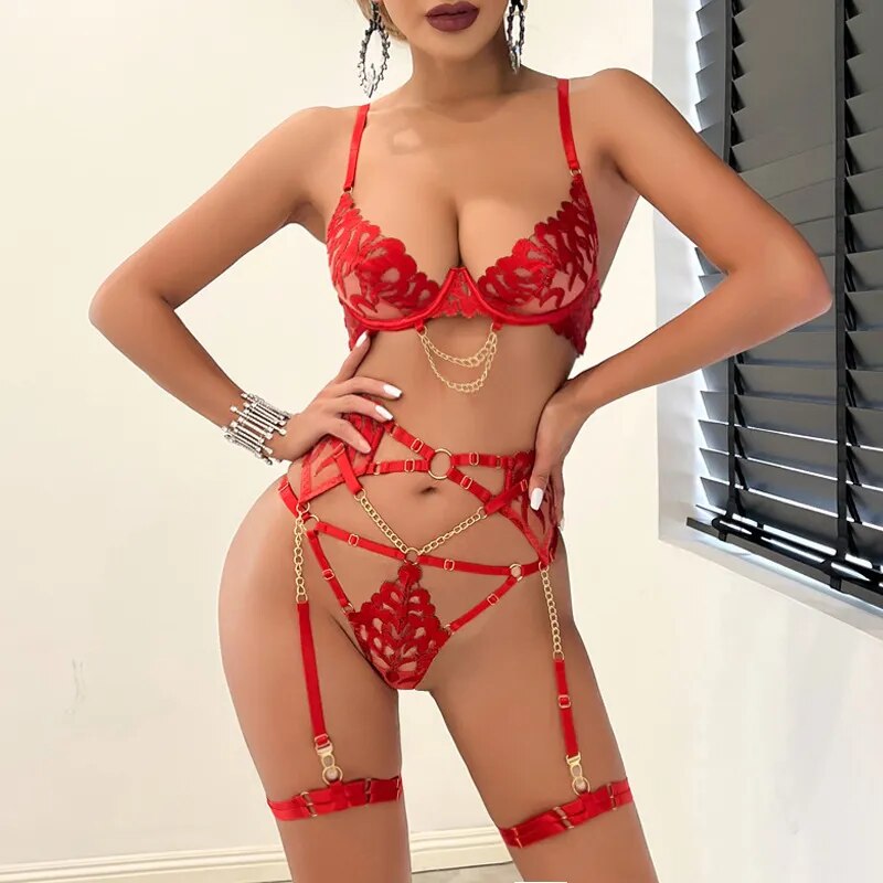 Ellolace Red Hot Sexy Lingerie Push Up Fantasy Underwear Brazilian