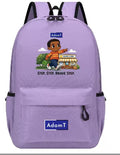 A lavender purple backpack with black straps and trim, featuring a cartoon graphic of a boy pointing toward a store with the text 'STEP. STEP.