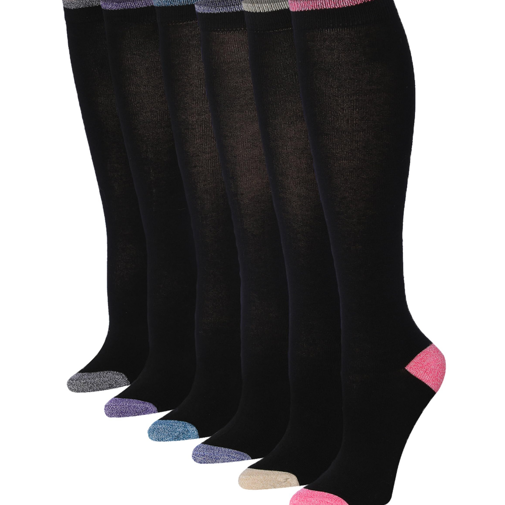 Tipi Toe Women's 6 Pairs Solid Black Color Patterned Knee High Socks