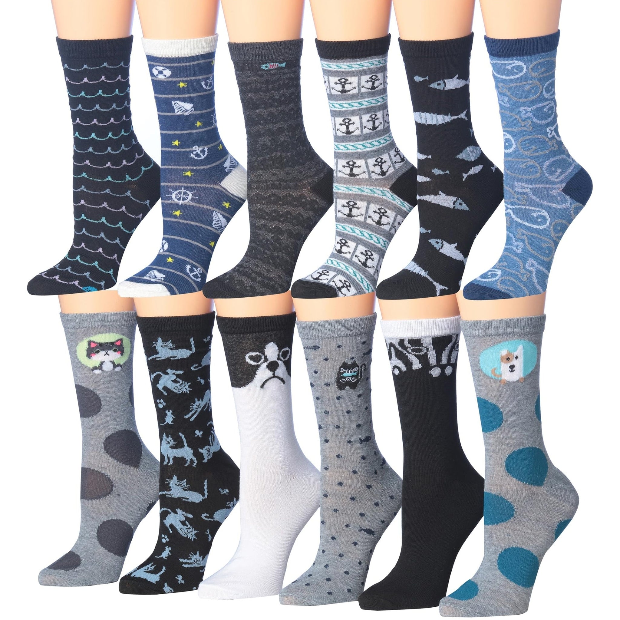 Women's 12 Pairs Lightweight Crew Socks – Colorful Fish & Cat Patterns