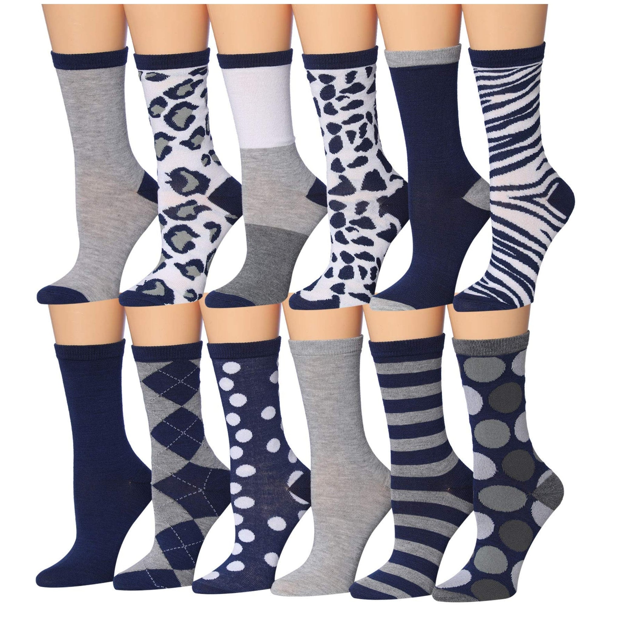 Women's 12 Pairs Lightweight Crew Socks – Colorful Geometric, Zebra,