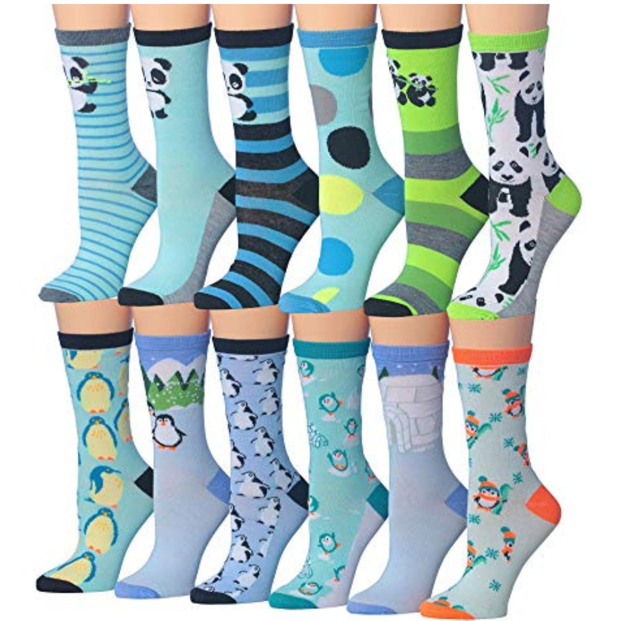 Women's 12 Pairs Lightweight Crew Socks – Colorful Penguin & Panda