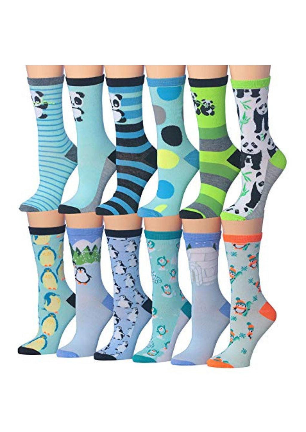 Women's 12 Pairs Lightweight Crew Socks – Colorful Penguin & Panda
