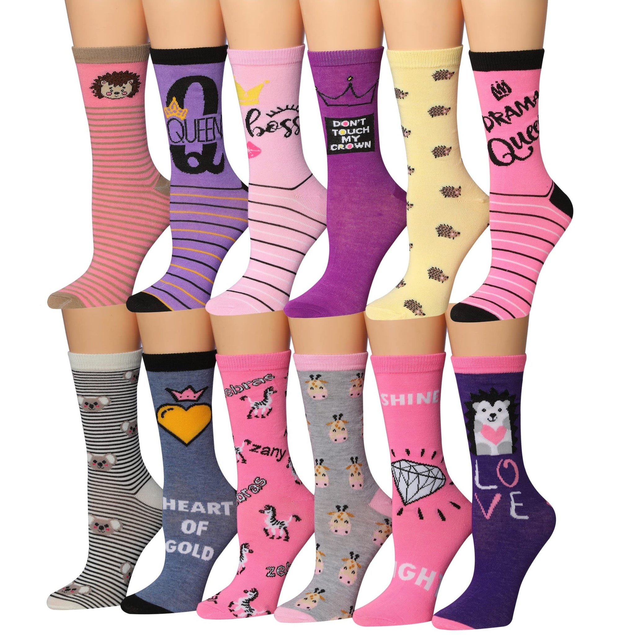 Women's 12 Pairs Lightweight Crew Socks – Colorful Queen Love Patterns