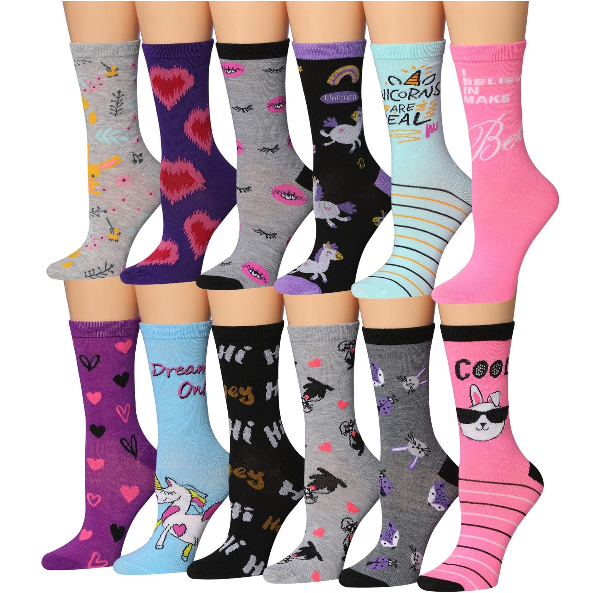 Women's 12 Pairs Lightweight Crew Socks – Colorful Heart, Rabbit, Cat,