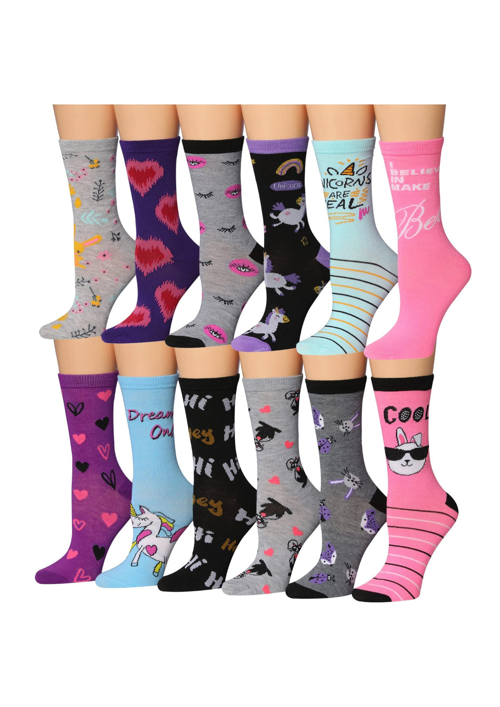 Women's 12 Pairs Lightweight Crew Socks – Colorful Heart, Rabbit, Cat,