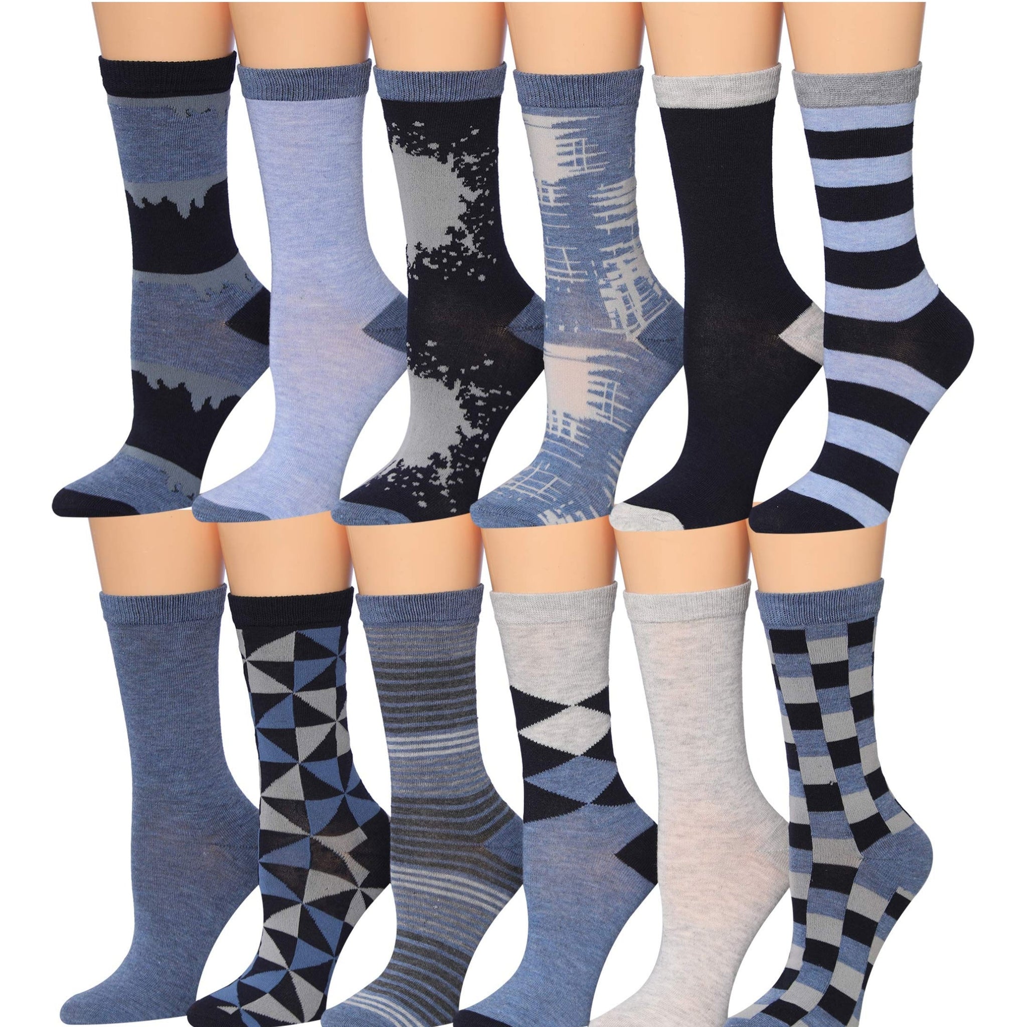 Tipi Toe Women's 12 Pairs Lightweight Colorful Patterned Crew Socks
