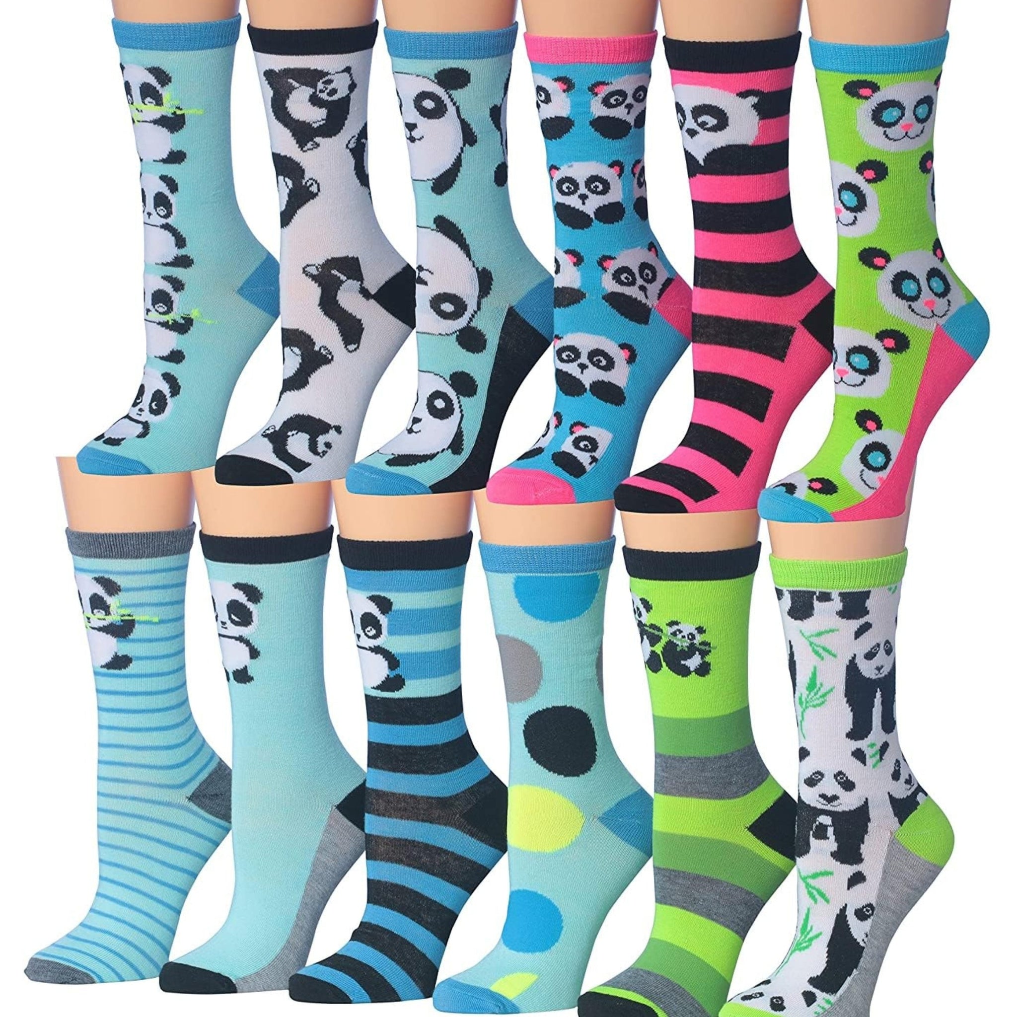Women's 12 Pairs Lightweight Crew Socks – Colorful Panda Bear Design
