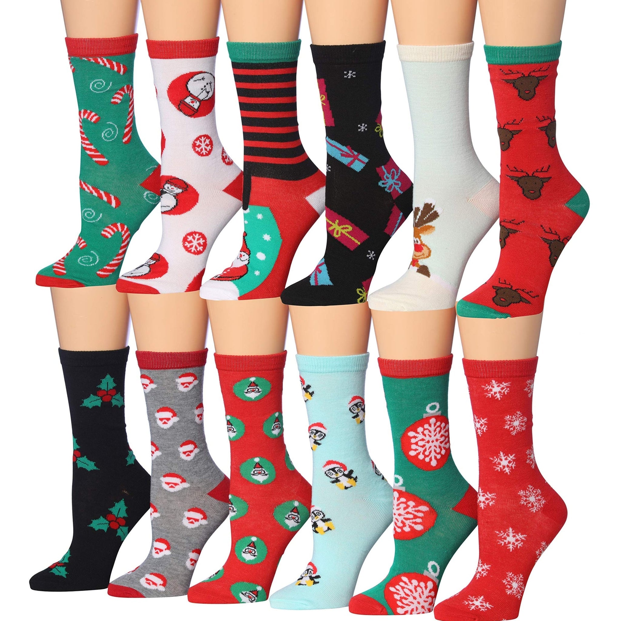 Women's 12 Pairs Lightweight Crew Socks – Colorful Christmas Patterns