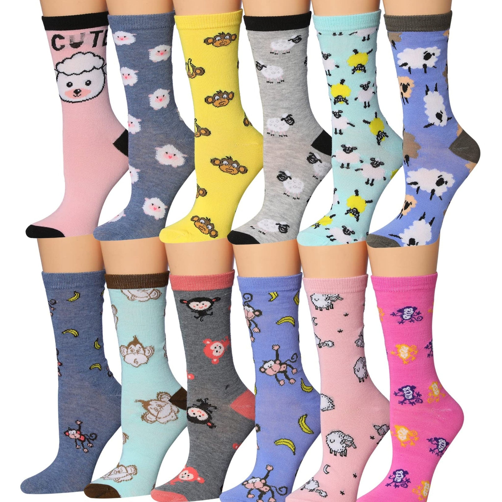Women's 12 Pairs Lightweight Crew Socks – Colorful Monkeys & Sheep