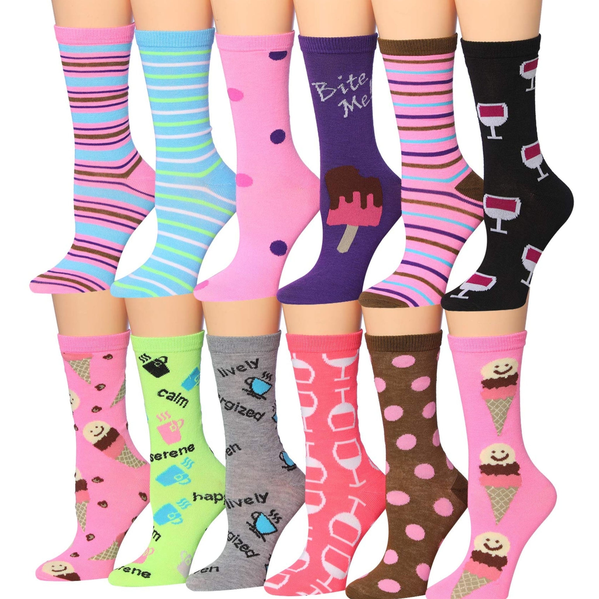 Women's 12 Pairs Lightweight Crew Socks – Colorful Ice Cream Patterns
