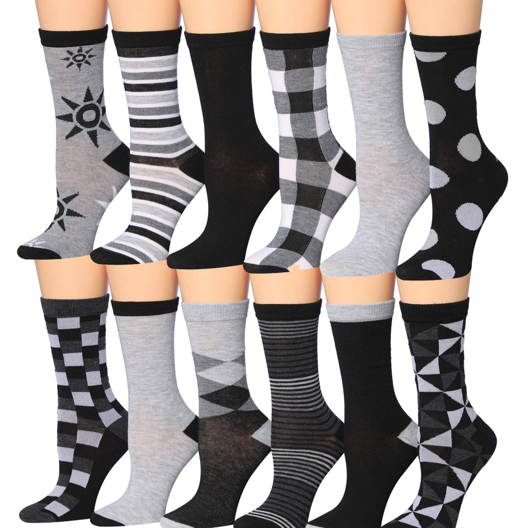 Women's 12 Pairs Lightweight Crew Socks – Black & White Argyle, Polka