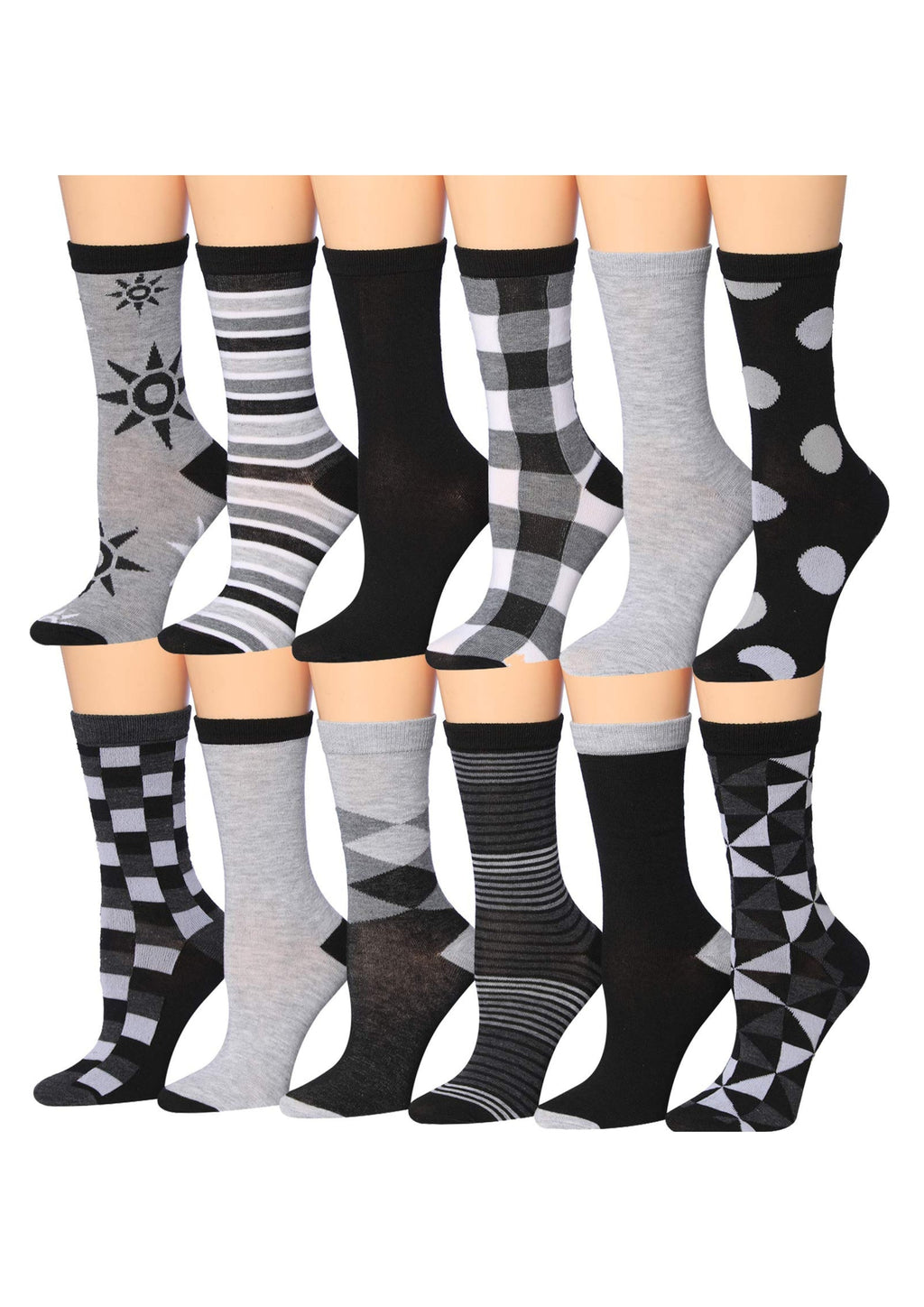 Women's 12 Pairs Lightweight Crew Socks – Black & White Argyle, Polka