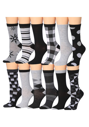 Women's 12 Pairs Lightweight Crew Socks – Black & White Argyle, Polka
