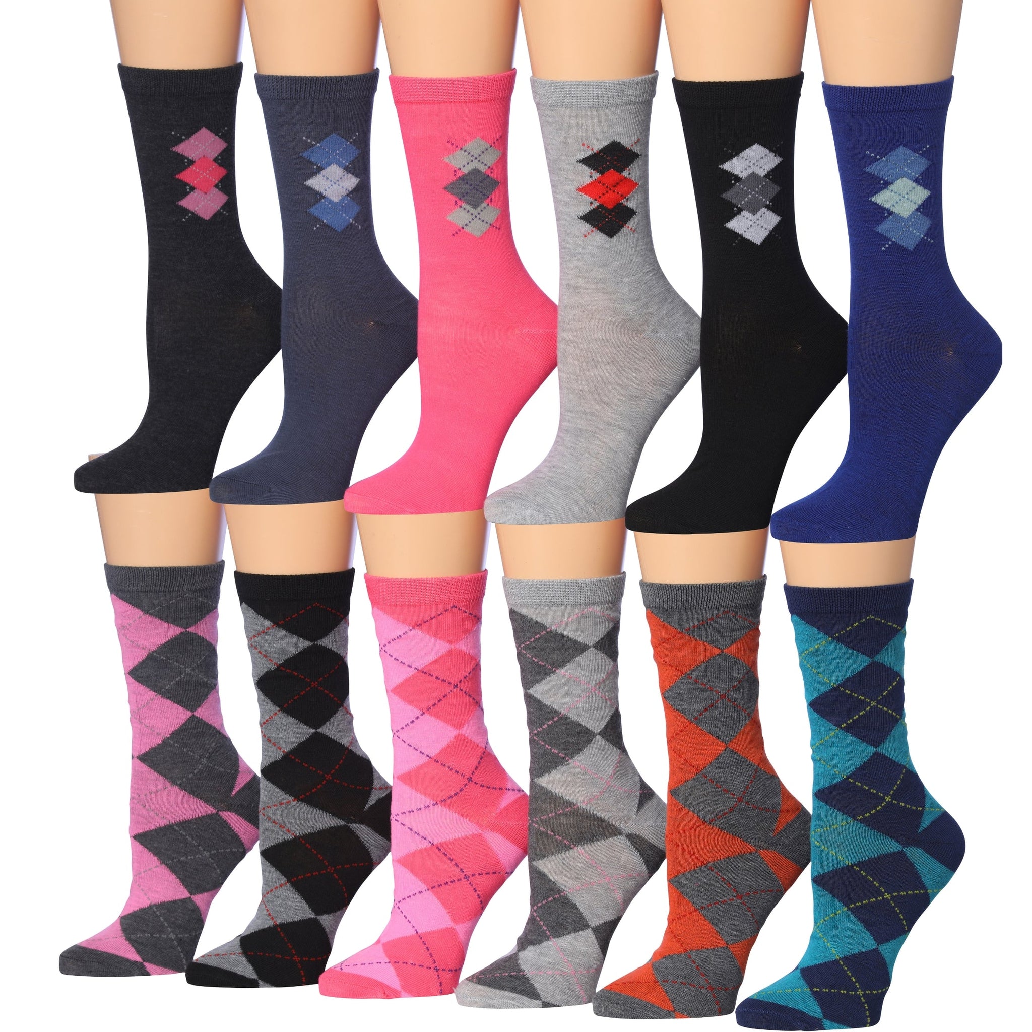 Women's 12 Pairs Lightweight Crew Socks – Colorful Diamond Argyle