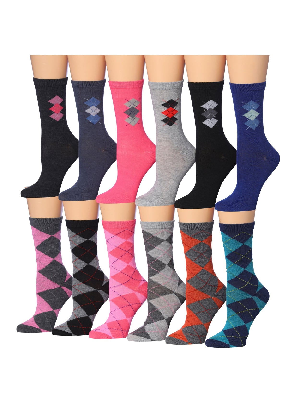 Women's 12 Pairs Lightweight Crew Socks – Colorful Diamond Argyle