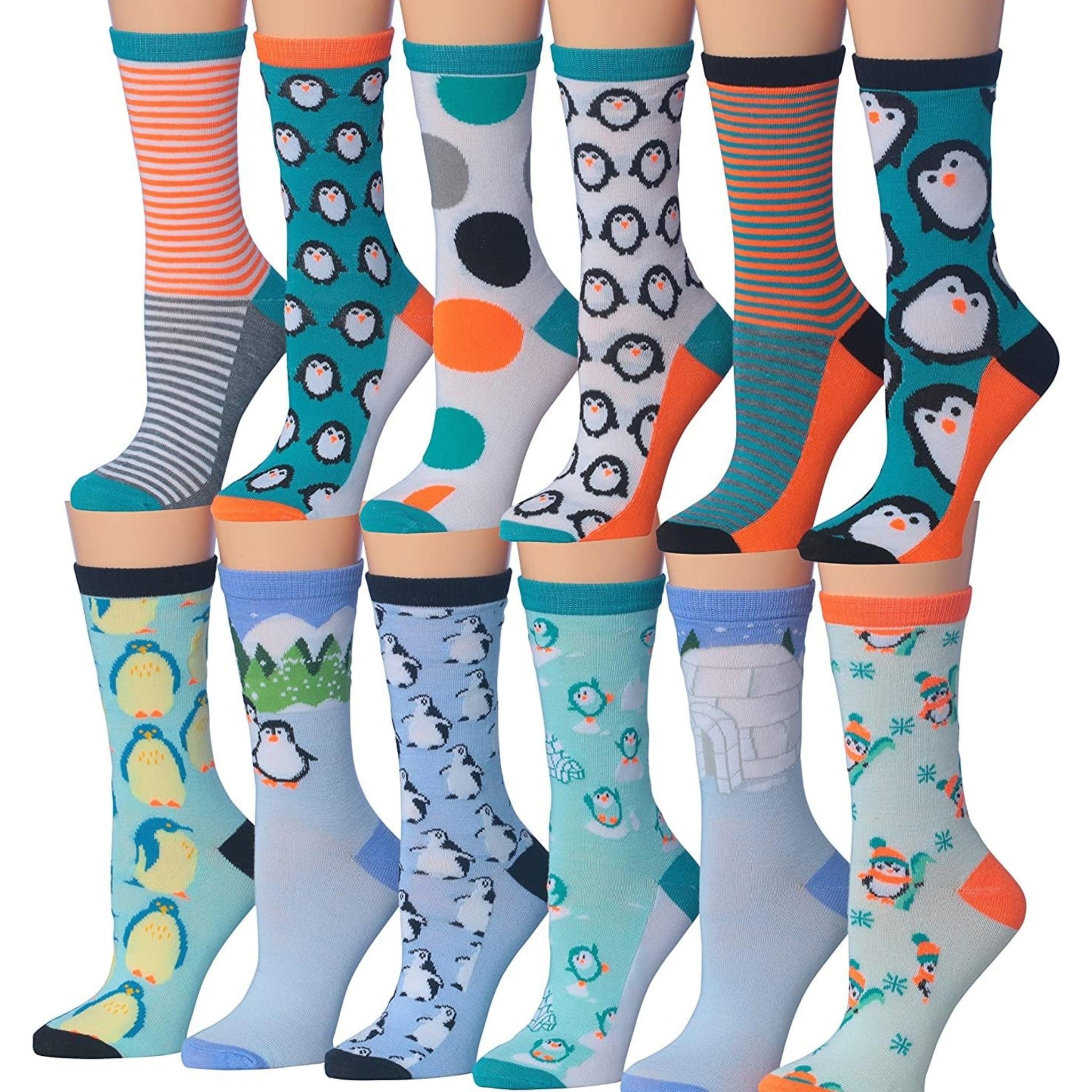 Women's 12 Pairs Lightweight Crew Socks – Colorful Penguins Design