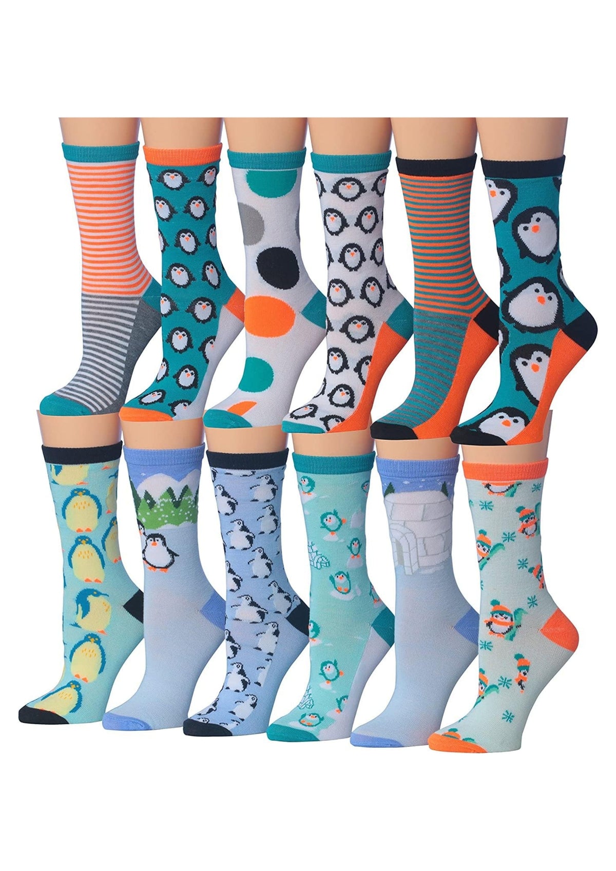 Women's 12 Pairs Lightweight Crew Socks – Colorful Penguins Design