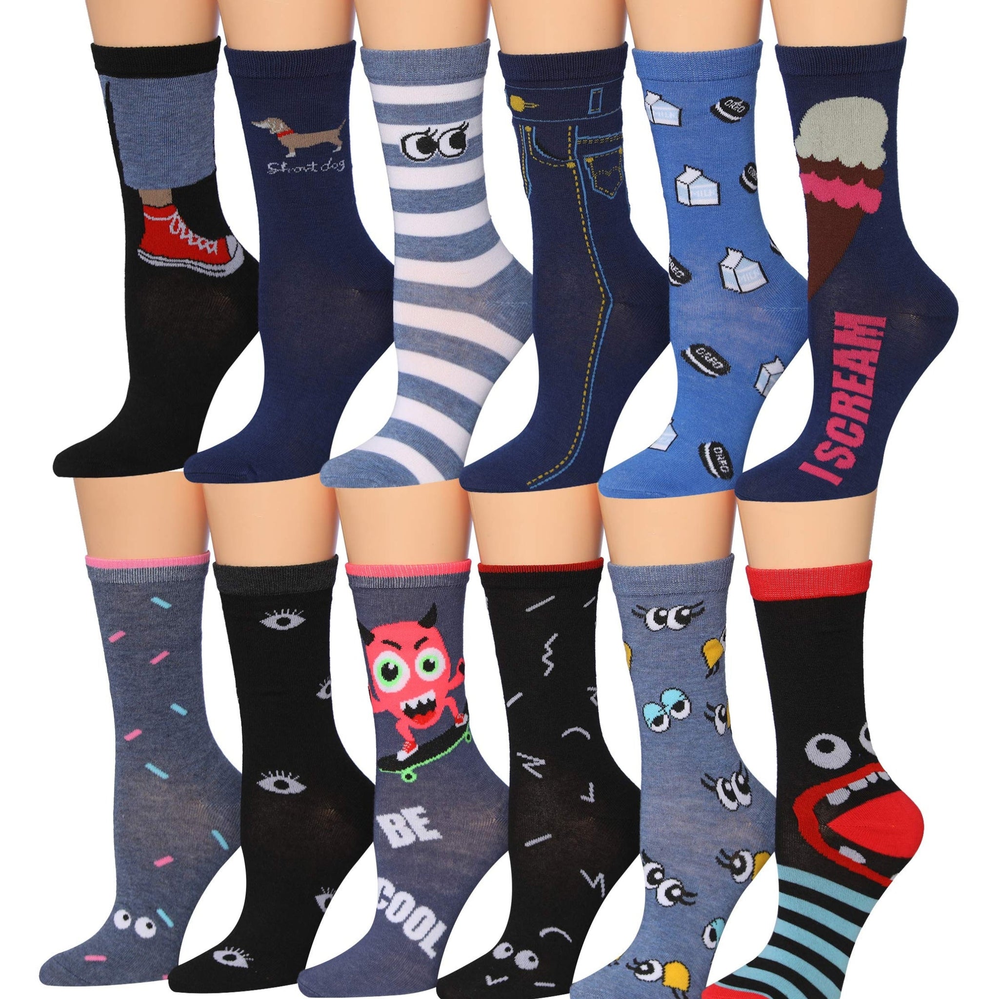 Tipi Toe Women's 12 Pairs Lightweight Colorful Patterned Crew Socks