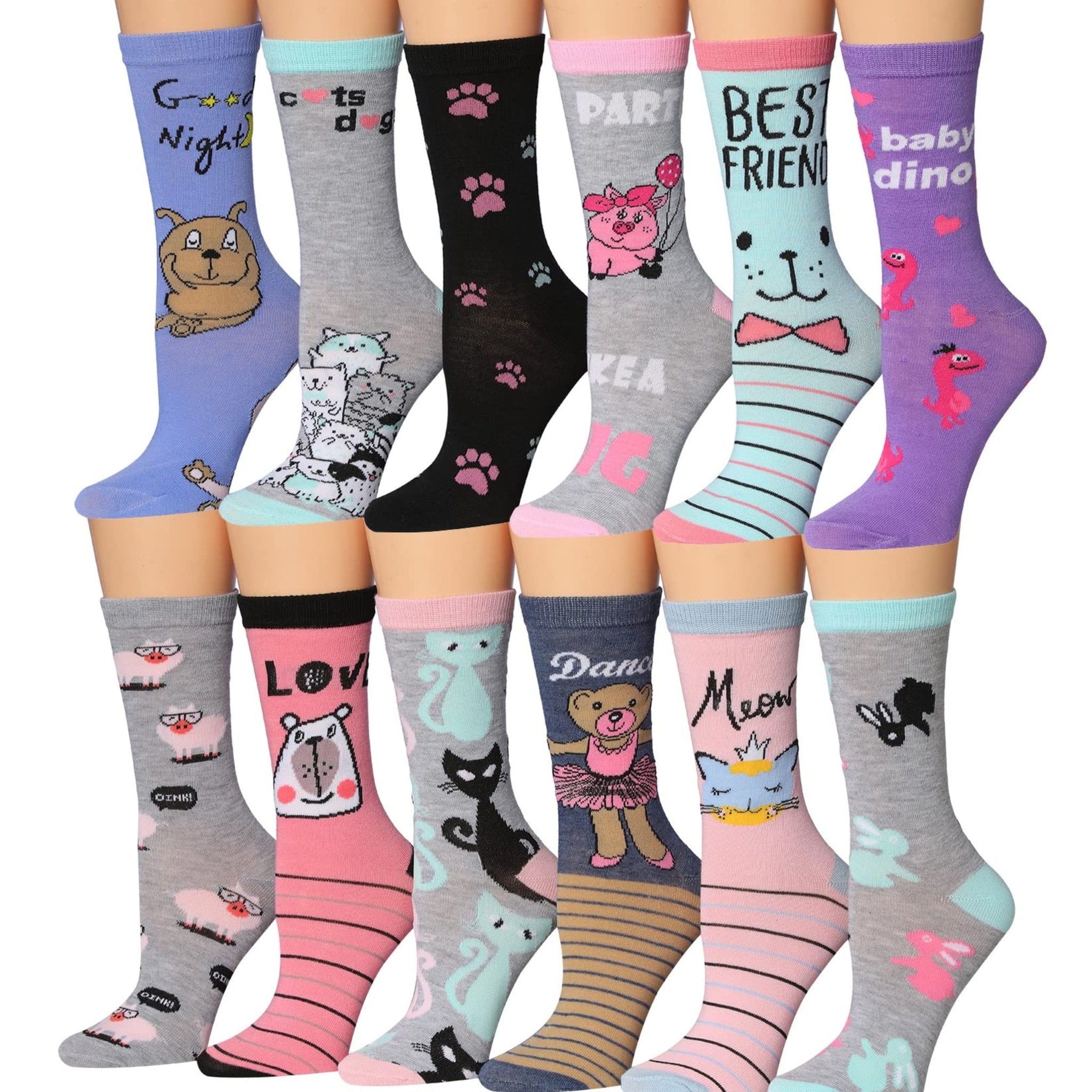 Women's 12 Pairs Lightweight Crew Socks – Colorful Animal Friends