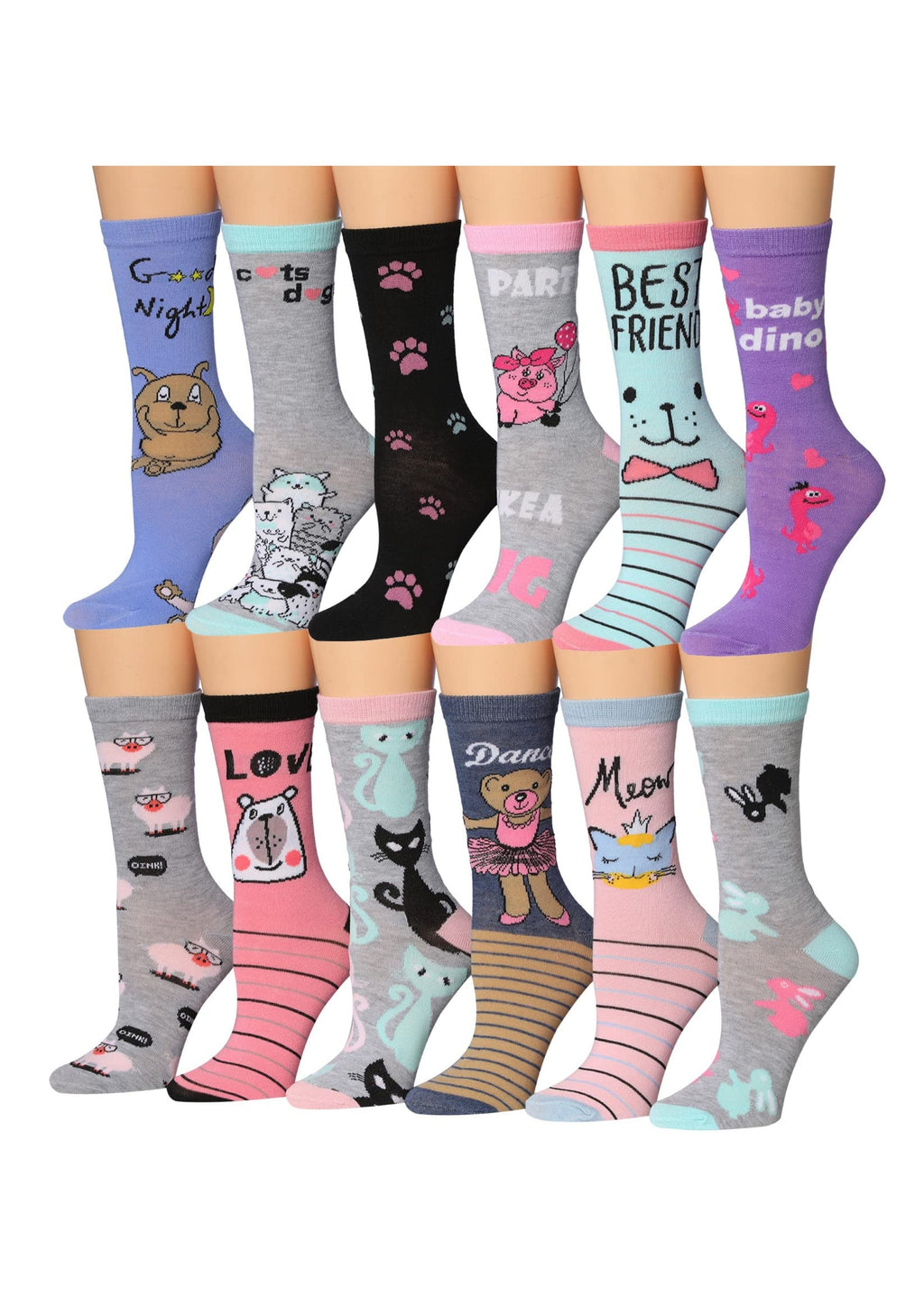 Women's 12 Pairs Lightweight Crew Socks – Colorful Animal Friends
