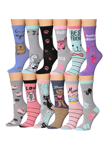 Women's 12 Pairs Lightweight Crew Socks – Colorful Animal Friends