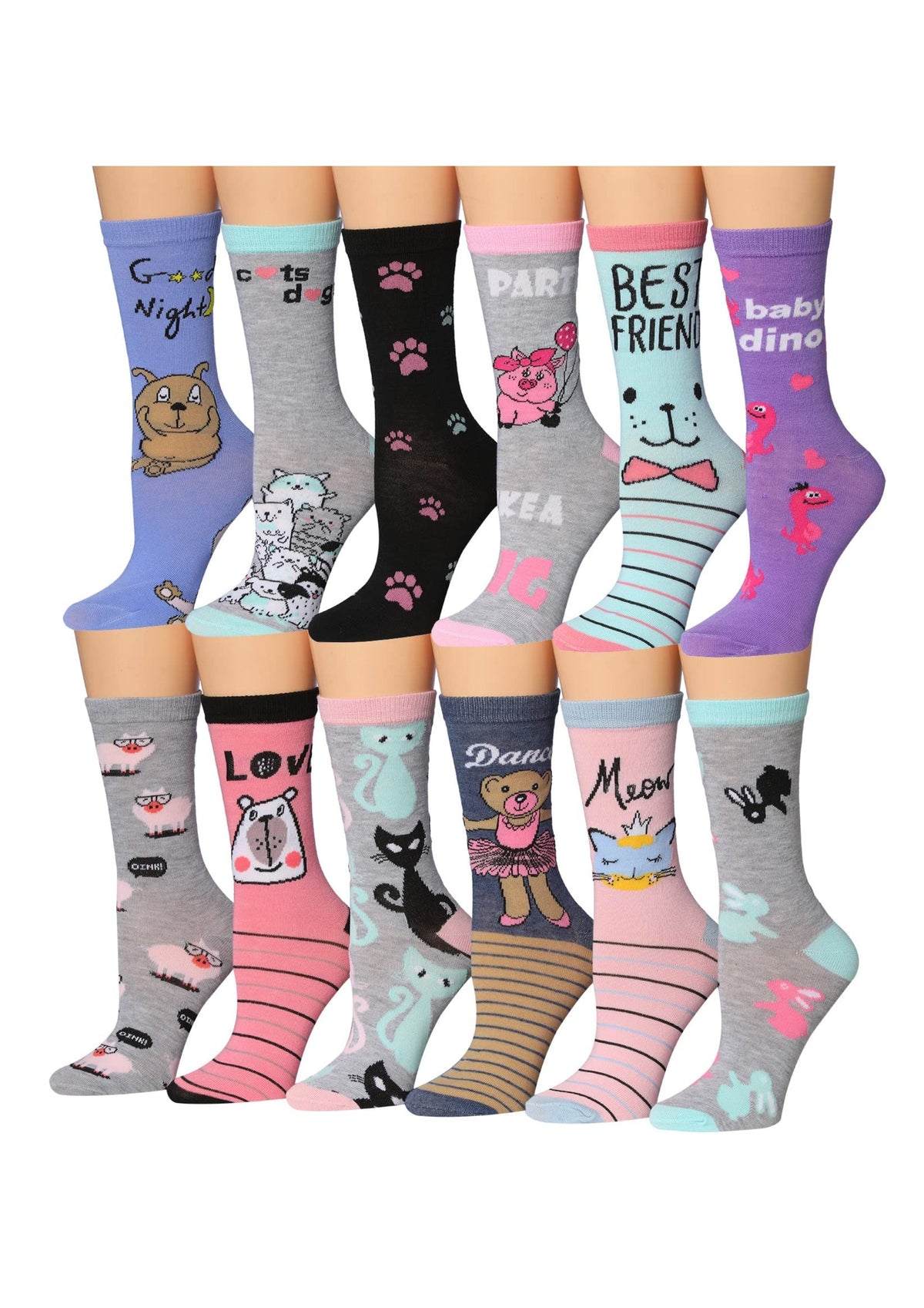 Women's 12 Pairs Lightweight Crew Socks – Colorful Animal Friends