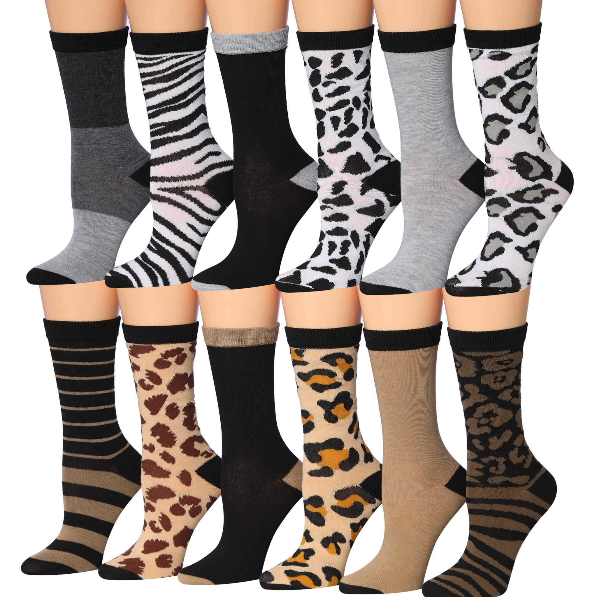 Women's 12 Pairs Lightweight Crew Socks – Black White & Brown Animal