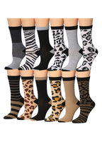 Women's 12 Pairs Lightweight Crew Socks – Black White & Brown Animal
