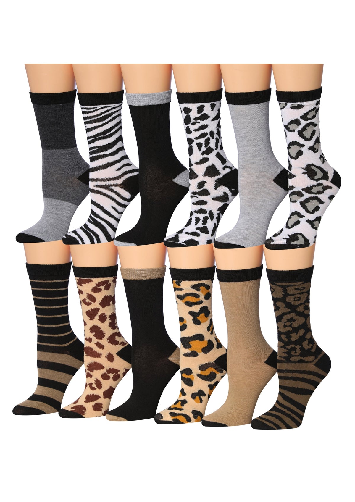 Women's 12 Pairs Lightweight Crew Socks – Black White & Brown Animal