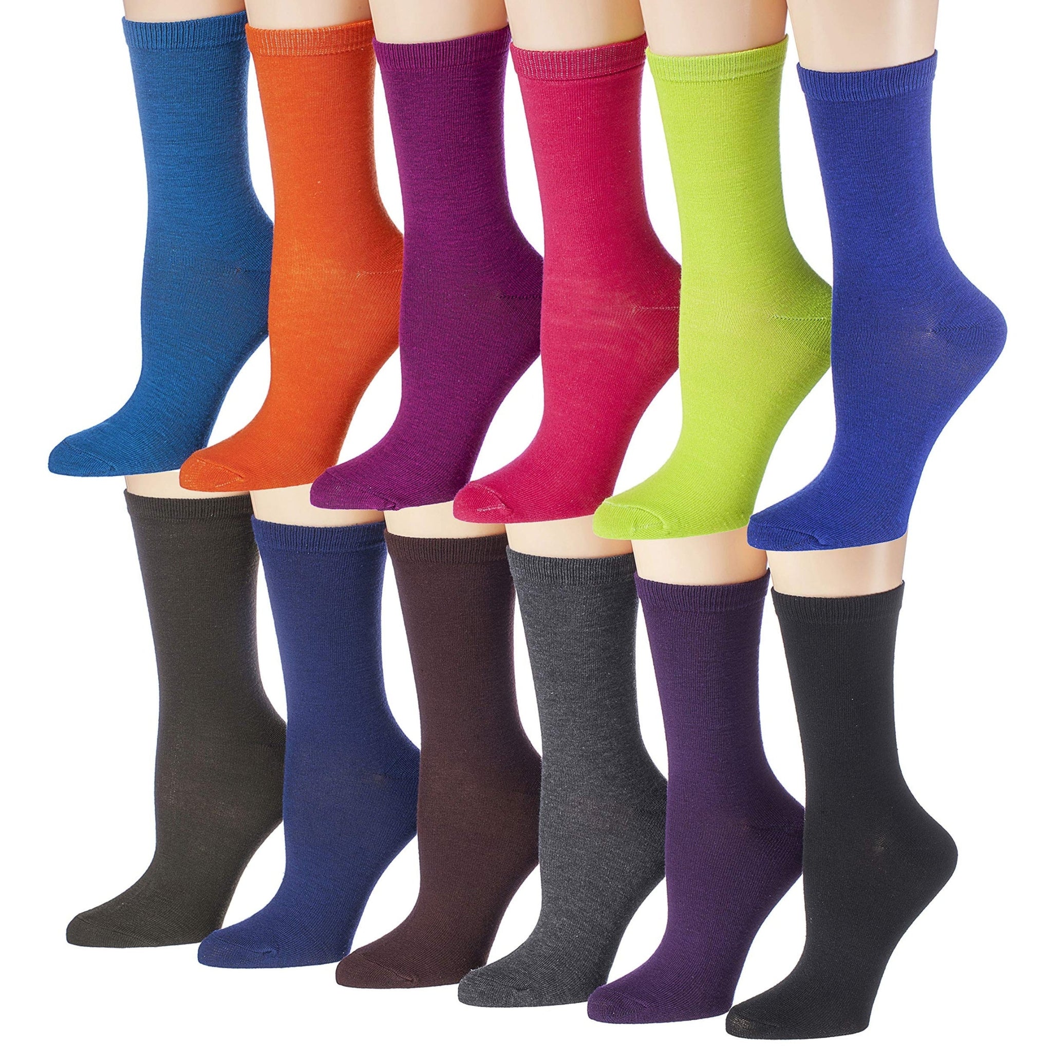 Women's 12 Pairs Lightweight Crew Socks – Colorful Solid & Bright