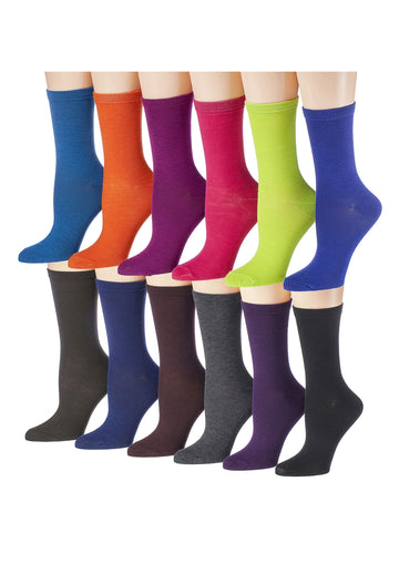 Women's 12 Pairs Lightweight Crew Socks – Colorful Solid & Bright