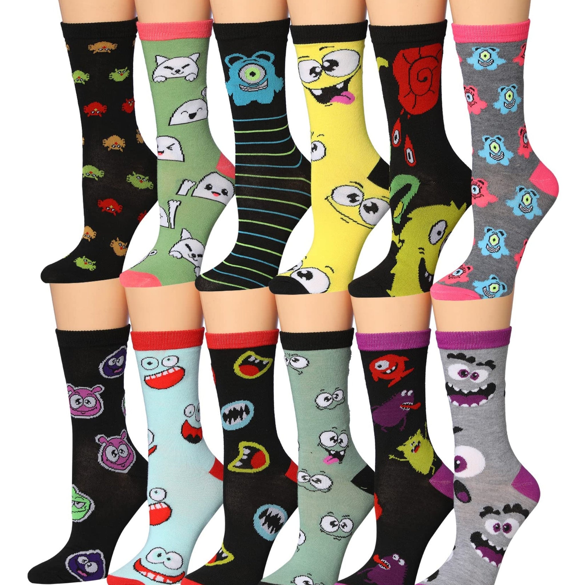 Tipi Toe Women's 12 Pairs Lightweight Colorful Patterned Crew Socks