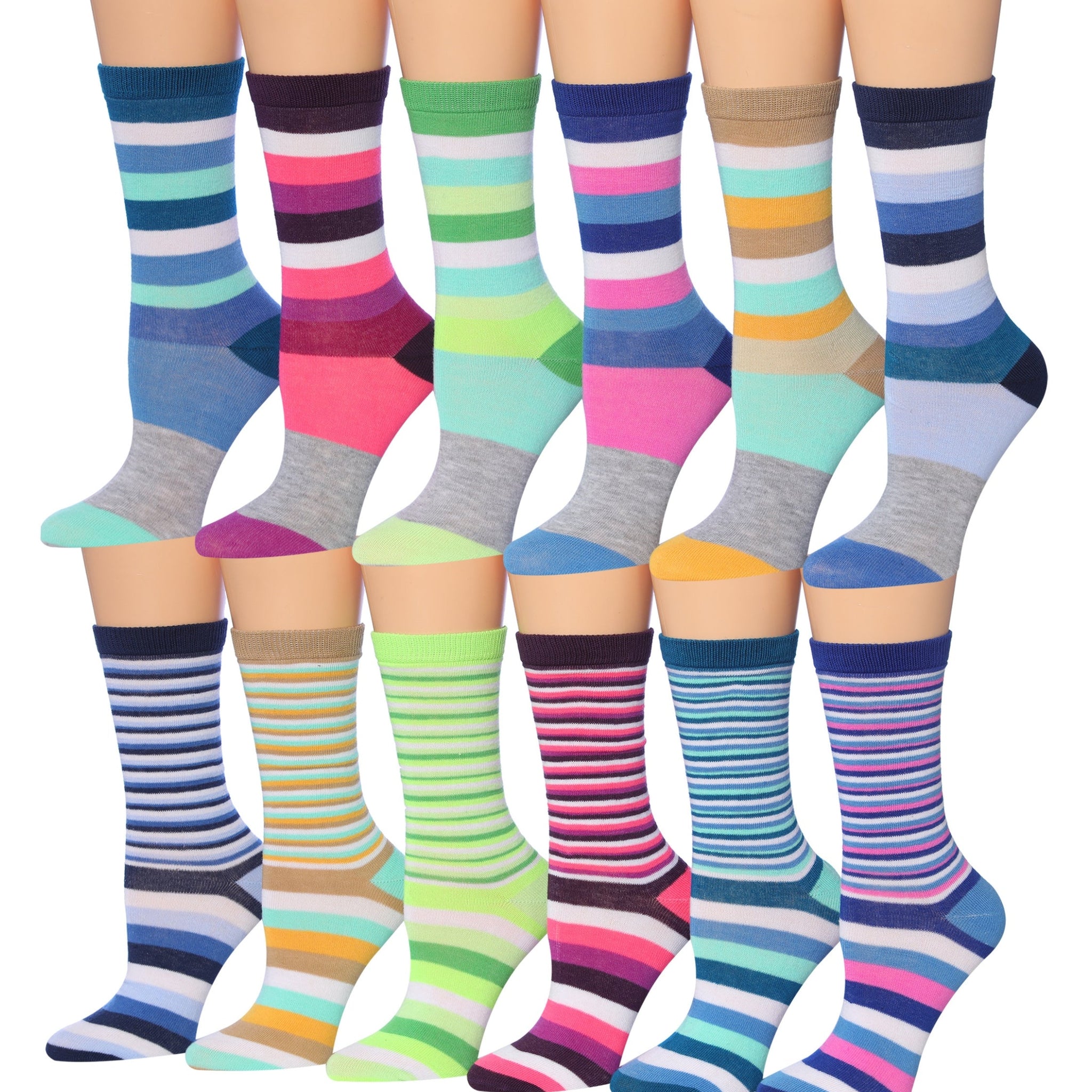Women's 12 Pairs Lightweight Crew Socks – Colorblocks Striped Patterns