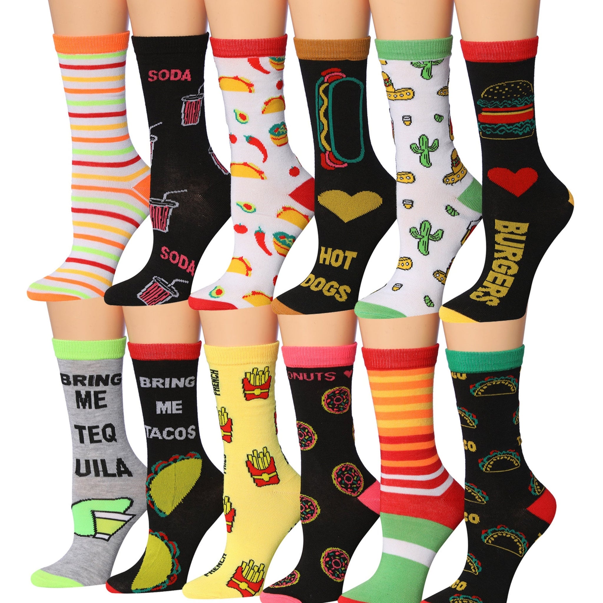 Women's 12 Pairs Lightweight Crew Socks – Colorful Fast Food Variety