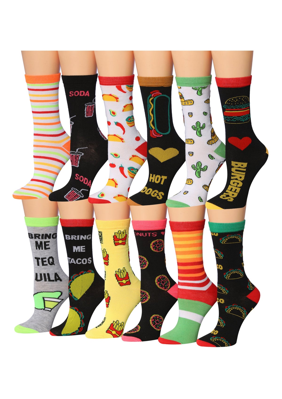 Women's 12 Pairs Lightweight Crew Socks – Colorful Fast Food Variety