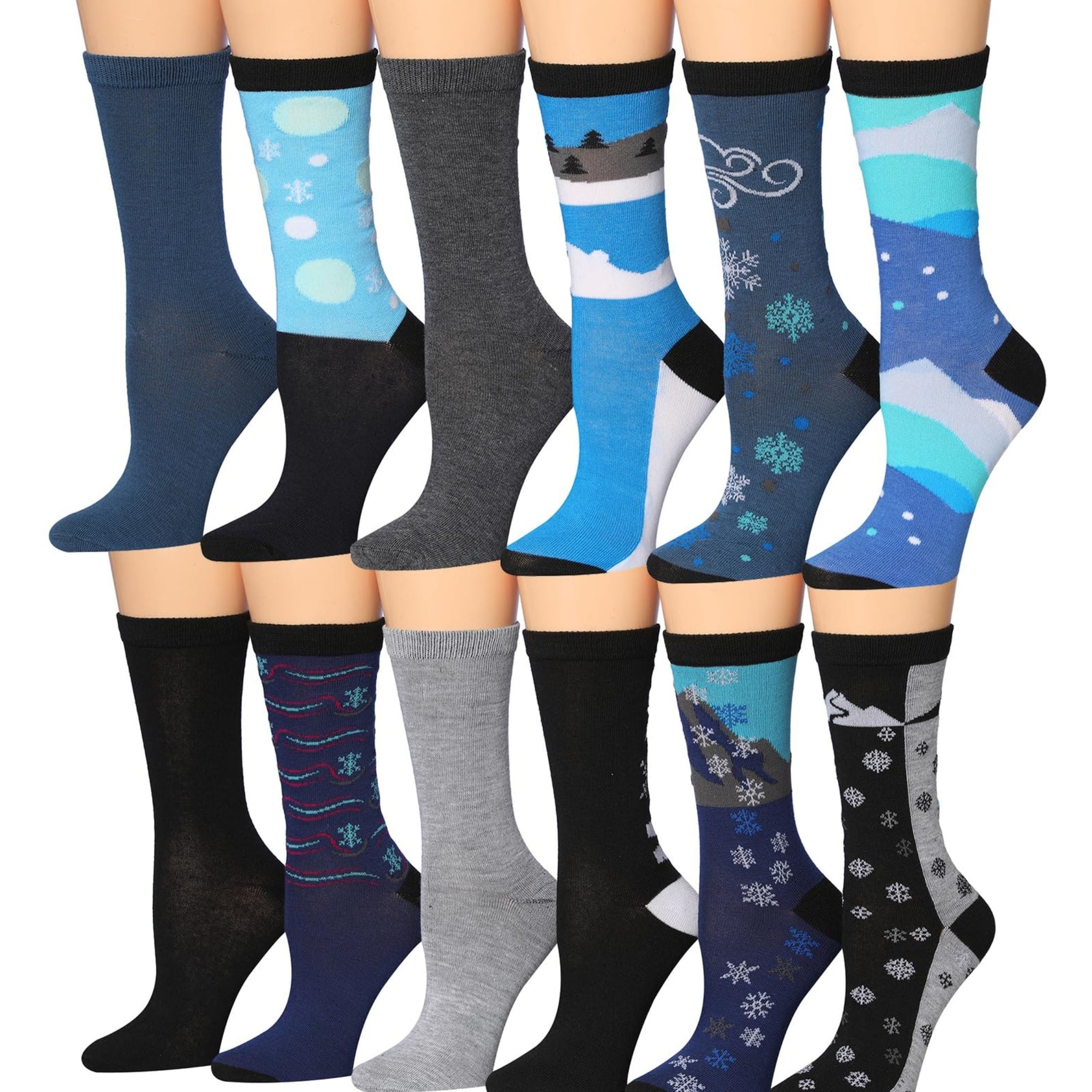 Tipi Toe Women's 12 Pairs Lightweight Colorful Patterned Crew Socks