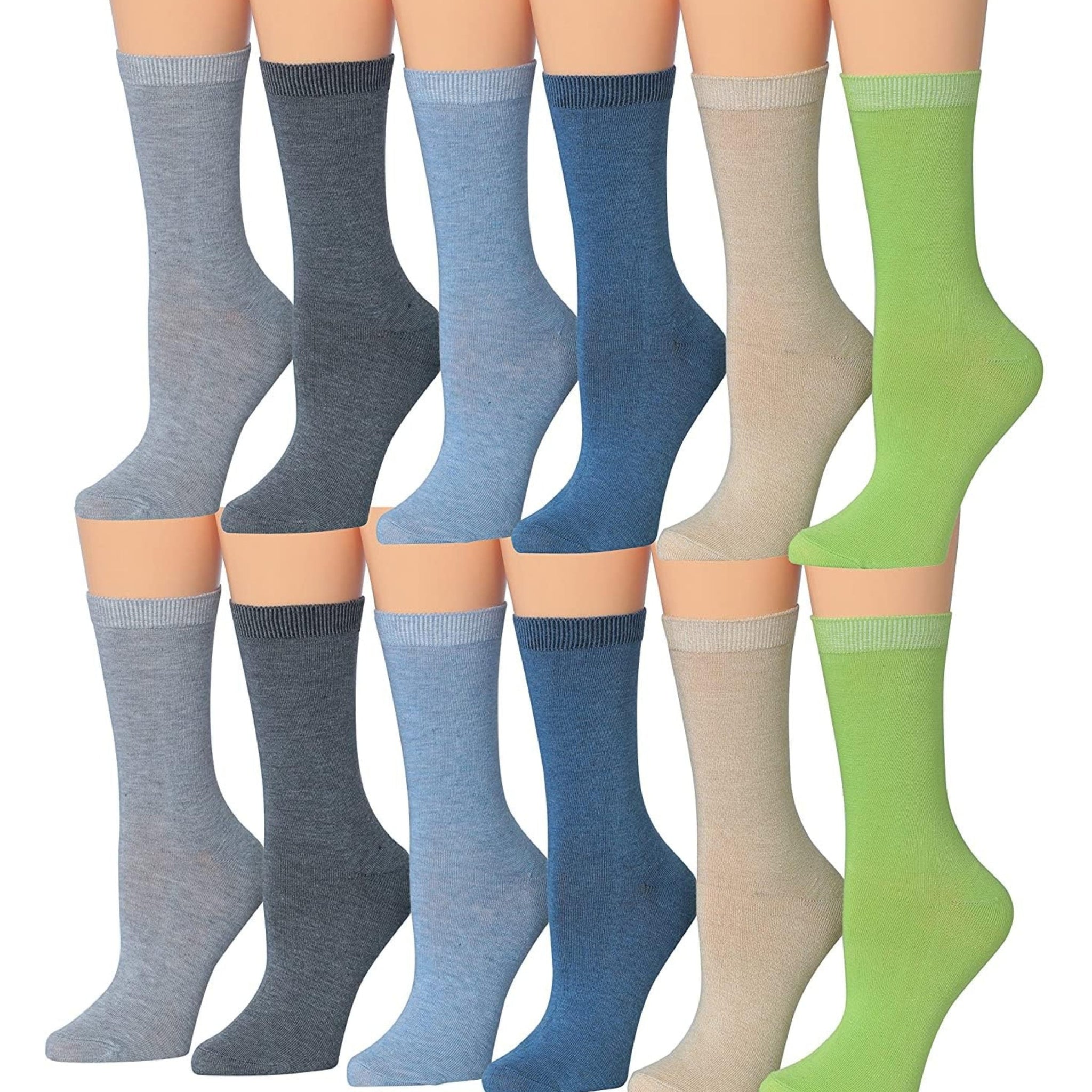 Women's 12-Pairs Lightweight Solid Pastel Colored Crew Socks