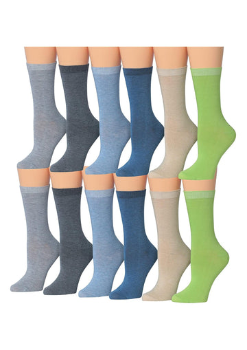 Women's 12-Pairs Lightweight Solid Pastel Colored Crew Socks