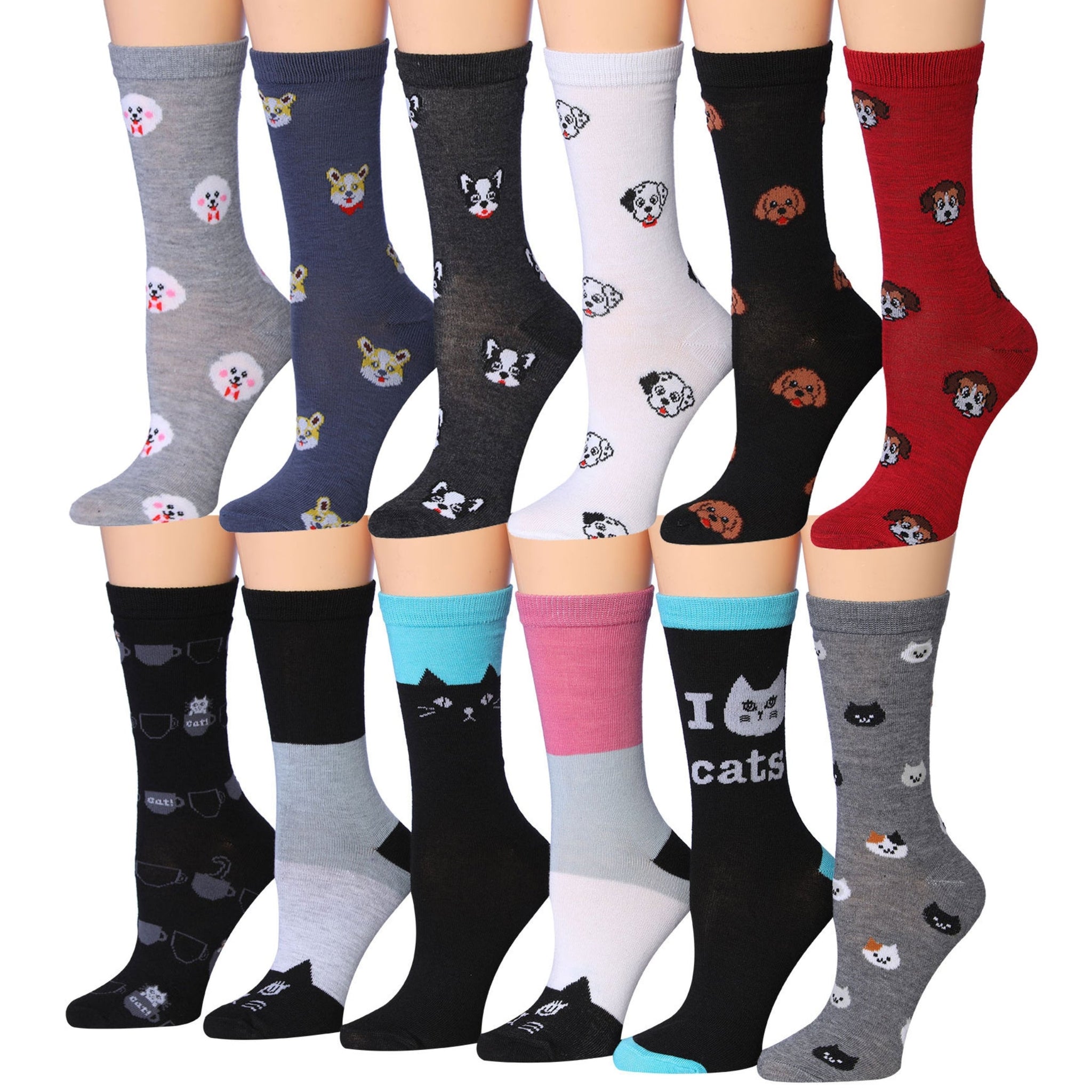 Women's 12 Pairs Lightweight Crew Socks – Colorful Dog & Cat Patterns