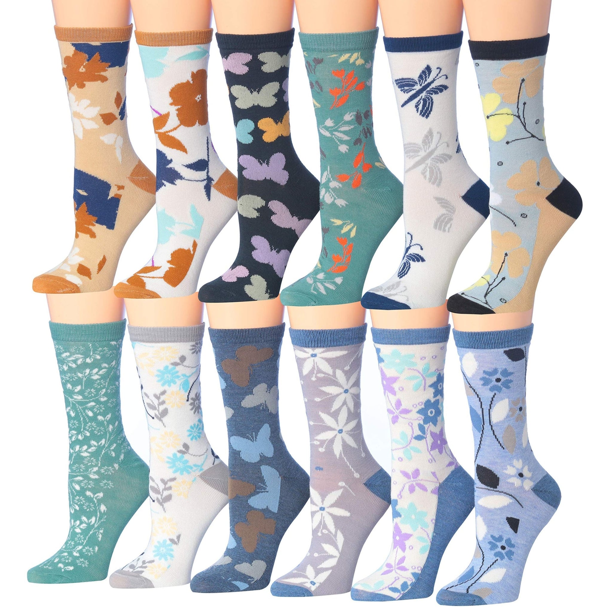 Women's 12 Pairs Lightweight Crew Socks – Colorful Nature Leaf Flower