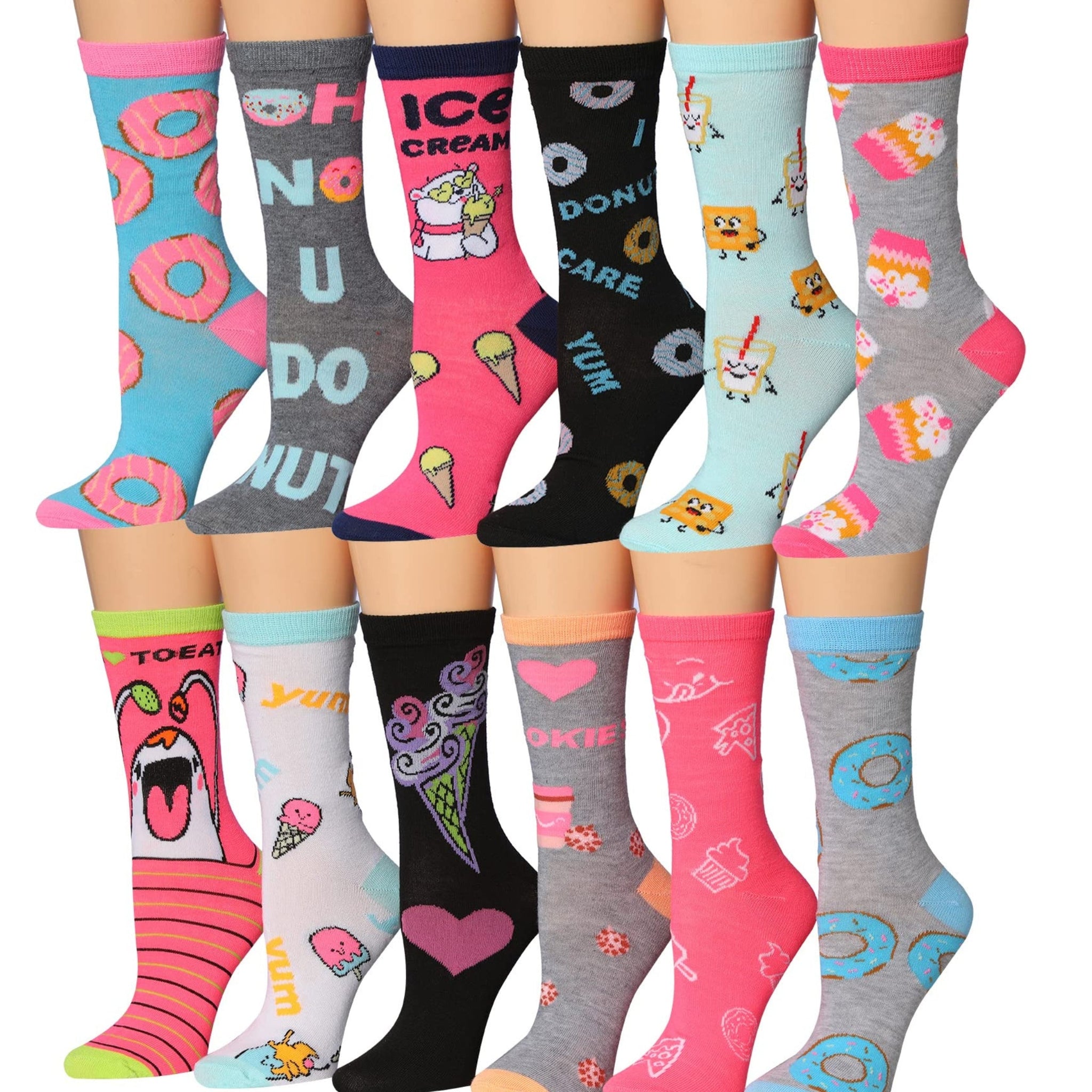 Tipi Toe Women's 12 Pairs Lightweight Colorful Patterned Crew Socks