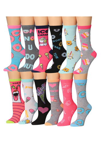 Tipi Toe Women's 12 Pairs Lightweight Colorful Patterned Crew Socks