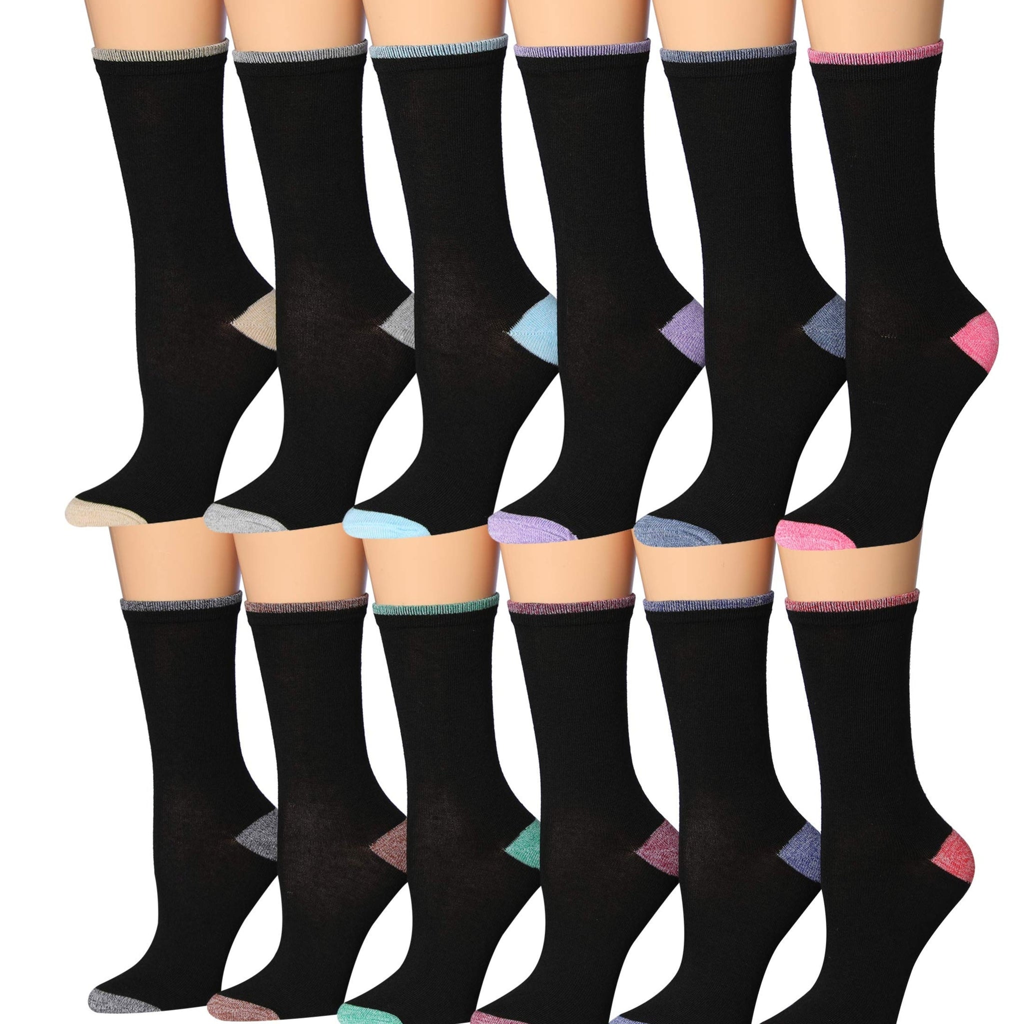 Women's 12-Pairs Lightweight Fun Plain Black Accented Toe Heel Colored